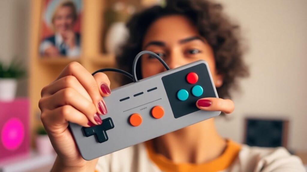 Žena drži retro džojstik, srećna, igra