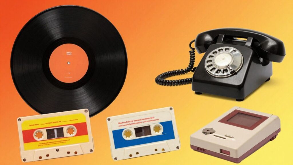 Retro pokloni: ploča, telefon, kaseta, konzola.